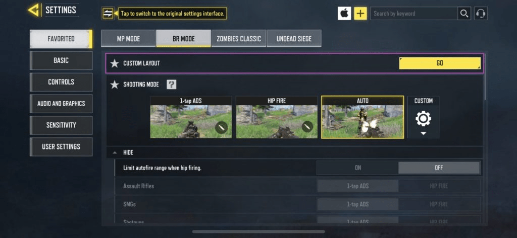 تب FAVORITED/BR با گزینهٔ Custom Layout و Shooting Mode در CODM کالاف